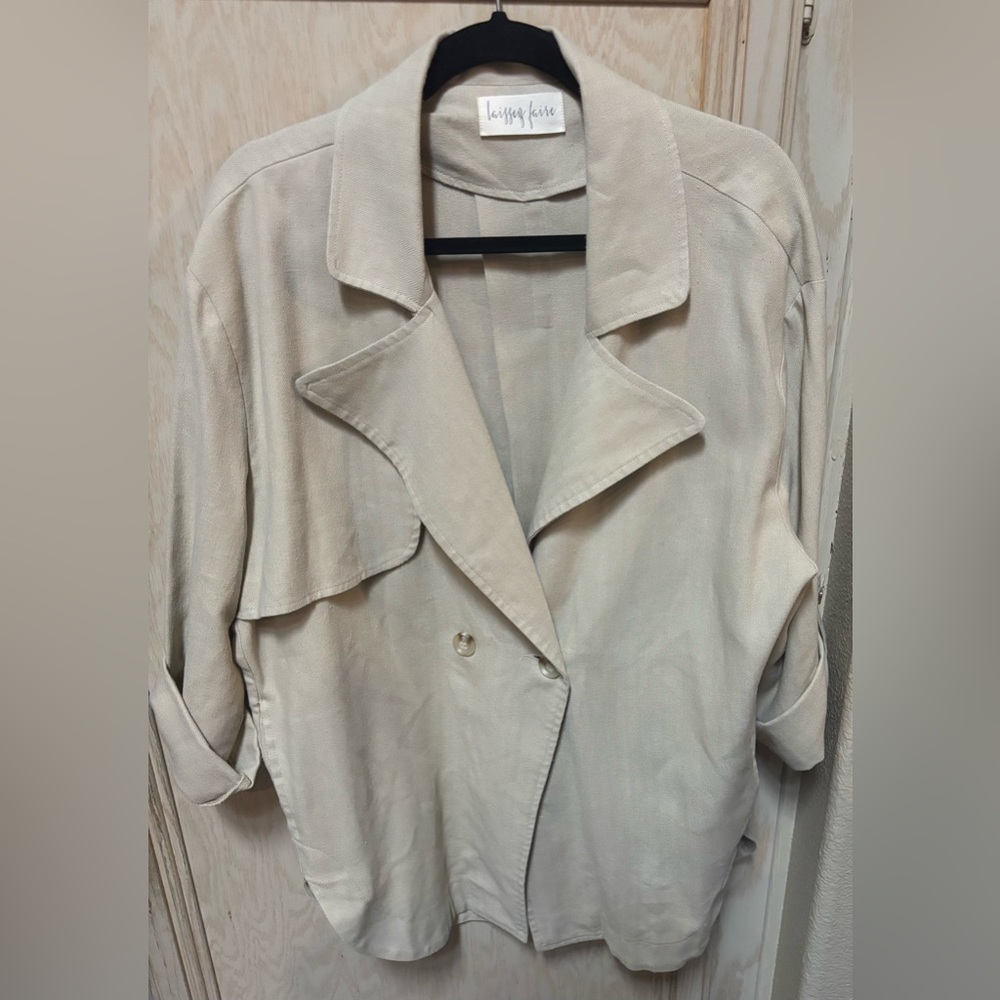 Laissez Faire Linen Cotton‎ Womens Blazer Jacket Sz L Trench Style 3/4 Sleeve